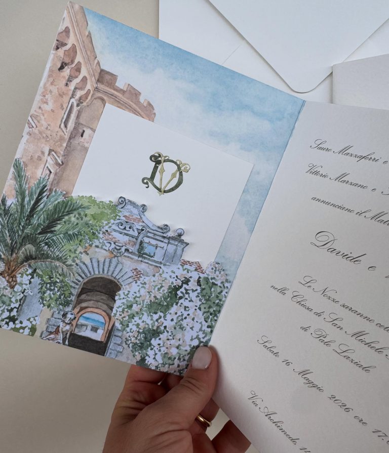 Partecipazione illustrata ad acquerello con la location del matrimonio – Cerrone Nozze