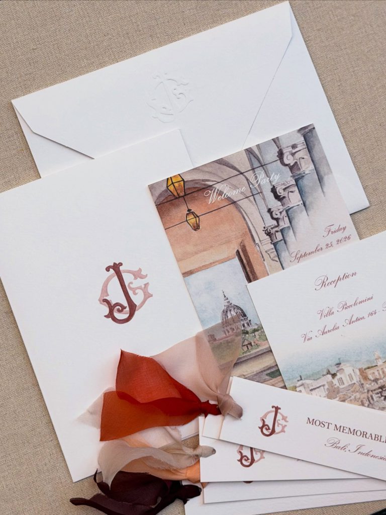 Stationery matrimonio autunnale Greta & Jo – carta opaca, nastri in seta, embossing e acquerello terracotta – Cerrone Nozze