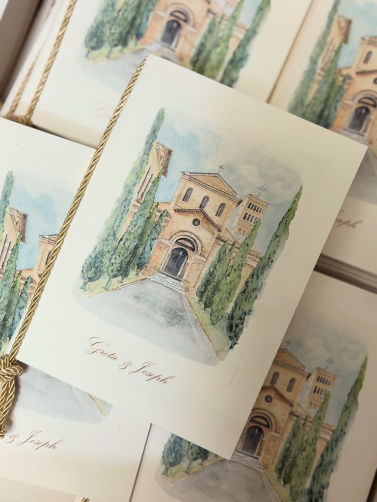 Stationery matrimonio autunnale Greta & Jo – carta opaca, nastri in seta, embossing e acquerello terracotta – Cerrone Nozze
